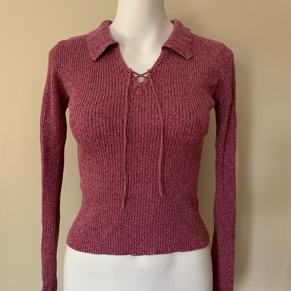 Energie Tops - Energie Pink Stretchy Collared Lace up Top